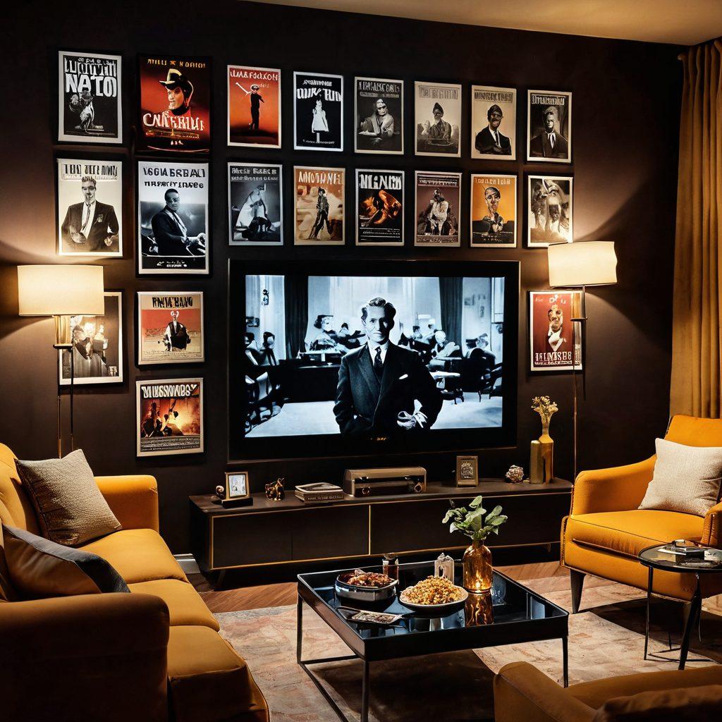 A sophisticated and stylish living room with a large screen displaying a montage of classic mature cinema films. Include a person lounging with popcorn and a glass of wine, surrounded by film posters and books on cinema history. The atmosphere should be cozy yet elegant, with warm lighting and plush furniture, inviting viewers to immerse themselves in the world of film. super-realistic. warm tones. vintage decor.