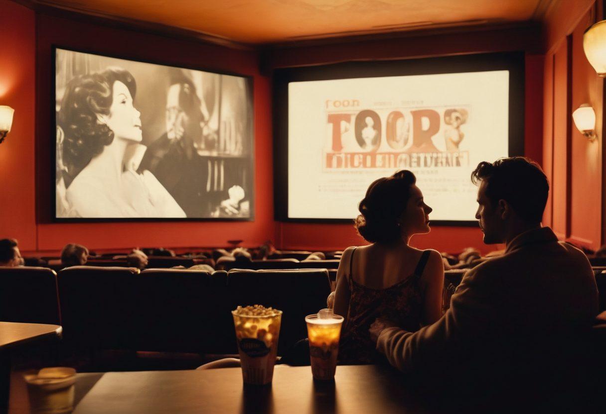 A lush, dimly-lit cinema filled with vintage film posters that highlight classic adult films from various eras. In the foreground, a silhouette of a couple engaged in a deep discussion, with popcorn and drinks in hand. The screen in the background flickers with iconic scenes from mature cinema, evoking nostalgia and intrigue. Soft, warm lighting creates an intimate and inviting atmosphere, drawing viewers into the world of mature film. vintage style. warm colors. atmospheric.