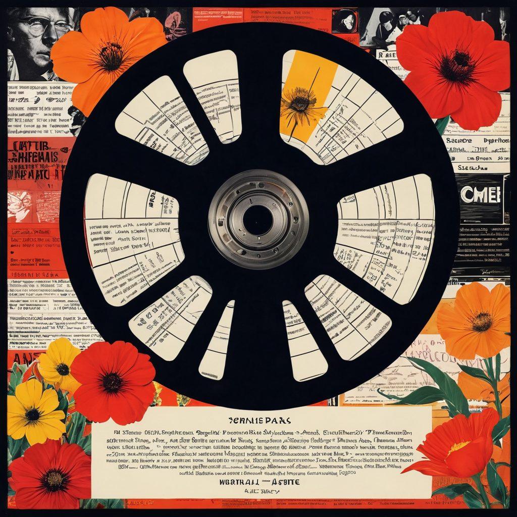 A thought-provoking collage of iconic adult film scenes, framed within a film reel, with analytical notes and ratings scribbled in the margins. Include elements like a vintage projector, retro film posters, and a thoughtful viewer immersed in the analysis, surrounded by flowers and hidden symbols of cult classics. The color palette should evoke nostalgia with warm tones and highlights of vibrant red. retro film aesthetic. vibrant colors. cinematic style.
